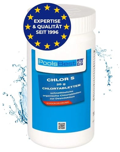 PoolsBest 1kg Chlor S 20g I schnelllösliche Chlortabletten für Pool I Poolpflege Chlortabs für Kinderpool, Whirlpool, Planschbecken I Stoßchlorung Tabletten zur Desinfektion I Pool Zubehör