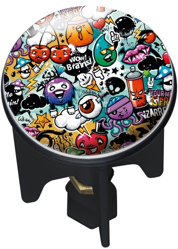 WENKO 20751100 Waschbeckenstöpsel Pluggy Graffiti Abfluss Stopfen, Messing, Kunststoff, Durchmesser 3.9 x 6.5-9.5 cm