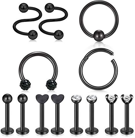 Mayhoop 13Piezas 16G Piercing Labio Labret Oreja Acero Inoxidable CZ Herradura Anillo de Labios Tragus Helix Daith Studs Mujer Hombre Negro Joyería de Piercing