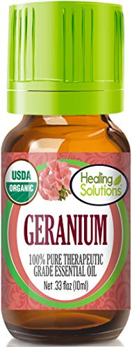 Healing Solutions Geranium Essential Oil (0.33 oz/10ml), Organic, Pure, Undiluted – for Hair Diffuser, Skin, & Aromatherapy
