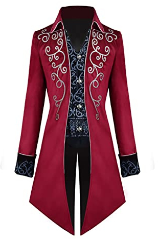 FYMNSI Herren Gothic Steampunk Frack Mantel M?nner Langes Smoking Mittelalter Viktorianischen Retro Jacke mit Waistcoat Uniform Karneval Fasching Halloween Kost?m Party Cosplay 1# Weinrot M