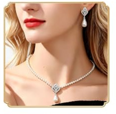 Juego de collar y aretes de perla de boda de imitación blanco para novia, Metal Perla de imitación