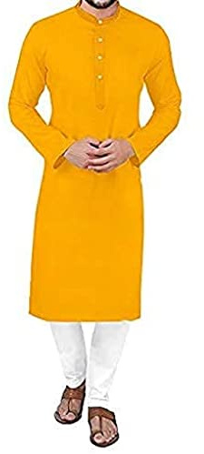 TFGO Haldi Yellow Kurta & White Pajama Set for Men, Indian Cotton Solid Kurta Pajama Dress Man Set Traditional All Size Available (as8, alpha, x_l, regular, regular)