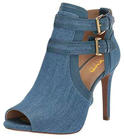 XYD Women Peep Toe Sandal Ankle Booties Dual Buckled Straps Stiletto Heels Stylish Cutout Event Party Pumps Shoes (Denim, Size 8.5)