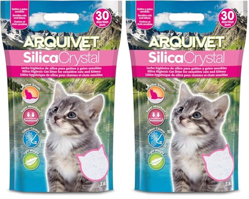 Arquivet Arena aglomerante Silica Crystal para Gatitos 3,8L - Lecho higiénico para Gatitos, felinos, Kitten, Cachorros - Capacidad Absorbente - Ayuda a Eliminar olores y bacterias (Paquete de 2)