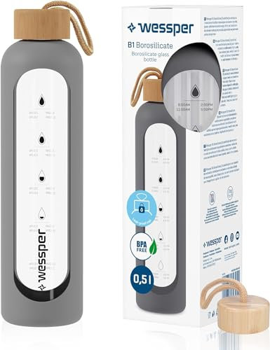 Wessper Bouteille d'eau en Verre, Bouteille Verre 500ml, Borosilicate Gourde Motivation avec Bouchon en Bambou et avec étui en Silicone, Bouteille Sans BPA- Gris