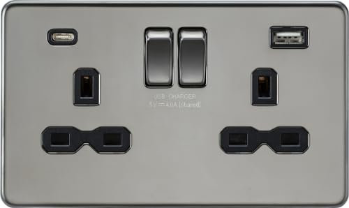 13A 2G SP Switched Socket with Dual USB A+C (5V DC 4.0A shared) - Black Nickel with Black Insert