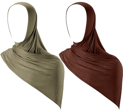 Handepo 2 Pcs Instant Hijab Jersey Hijab for Women Muslim Head Scarf Soft Lightweight Long Stretch Scarf Shawl Wrap(Coffee, Army Green)