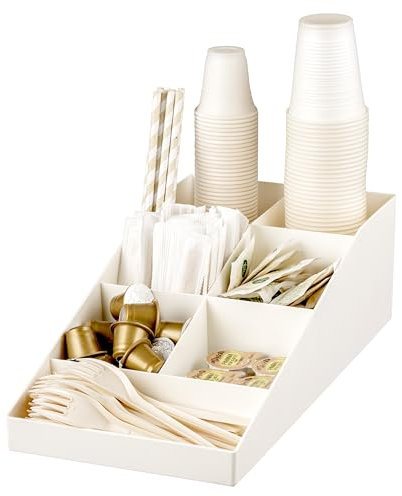 Baroni Home Organizer da caffetteria in Plastica Resistente 7 Scomparti, per Bicchierini, Posate, Zucchero, Cucchiaini, Cannucce e Bicchieri, Funzionale e Facile da Pulire, 38x20x12 cm, Bianco