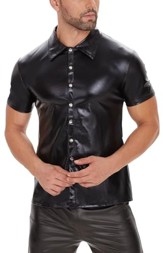 xokesy Chemise sexy en cuir verni brillant pour homme - Manches courtes - Chemise en cuir souple avec revers - Tenue de club - Chemise de corps élastique - Noir avec boutons, Noir , L
