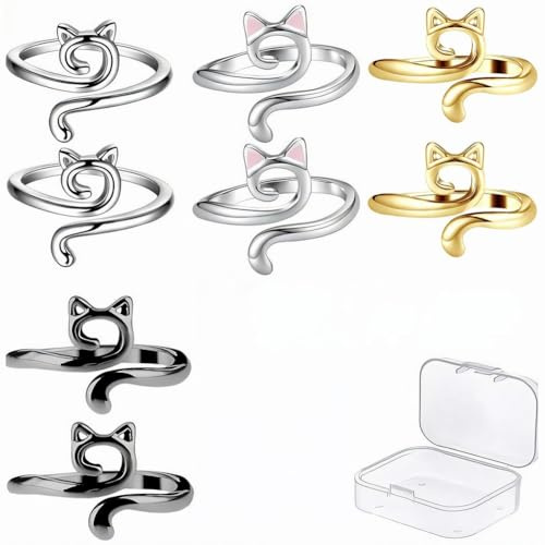 Anillo De Ganchillo de Gato 8 Pcs Anillo Crochet de Gato,Ajustable de Ganchillo,Anillo de ganchillo de metal,Anillo Guía de Ganchillo con Cadena Ganchillo Caja de Almacenamiento para Madre Abuela