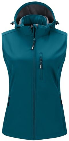 Outdoor Ventures Damen Softshell Westen mit Kapuze Leichte Fleece Gefütterte Ärmellose Jacke Wasserdichte Winddichte Weste Vest mit Zip up-Taschen Dunkles Grünblau L