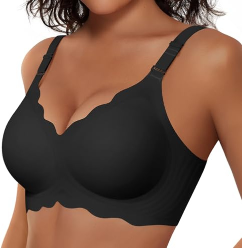 Vertvie Seamless Scalloped Bras for Women No Underwire Wireless Push Up Bra Soft Support Full Coverage Comfort Everyday Bra (Black,XXL)