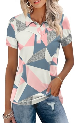 IECCP Women's Golf Polo Shirts Short Sleeve Collared Lightweight Moisture Wicking T-Shirt Summer Workout Casual Tennis Tops with 3-Button 2026 (Pink Floral,XL)