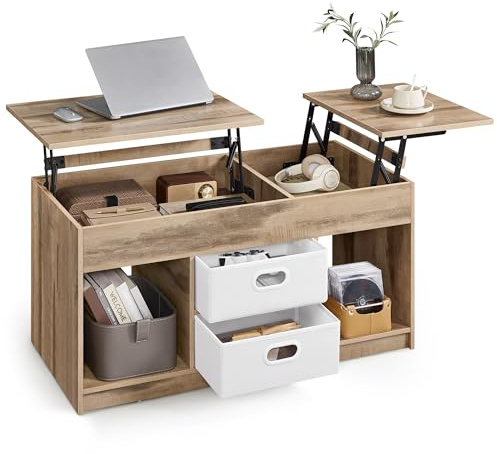 VASAGLE CUSTOS Kollektion - Couchtisch, höhenverstellbarer Wohnzimmertisch, 2 Schubladen und versteckte Fächer, Kaffeetisch, offene Fächer, für Wohnzimmer, Homeoffice, kamelbraun-wolkenweiß LCT210L01
