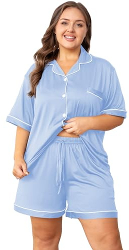 Vozanet Women's Plus Size Button Down Pajamas Soft Lounge Sets Shorts with Pockets Bride Nighty Solid Soft Pjs 1x to 5x, SkyBlue, 5X-Large