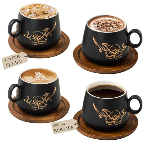Yundu Juego de 4 tazas de capuchino de cerámica, color negro mate, tazas de capuchino de 300 ml con posavasos de madera y diseño de flores doradas, juego de tazas de café con platillo para latte art