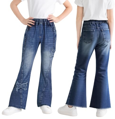 Domueay Vaqueros para Niñas, Baggy Cintura Elástica Denim Jeans Pierna Ancha Pantalones Azul Largo Jean Casuales Moda Streetwear Junior Ropa Infantil Pants para 10-11 años, Mariposa Azul