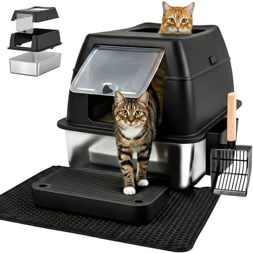 Arenero Gato Acero Inoxidable XXL – Arenero Acero Inoxidable Cerrado de Doble Entrada con escalón, Pala y Alfombrilla – Fácil de Limpiar, antiolores, Caja de Arena para Gatos Grandes - Negro