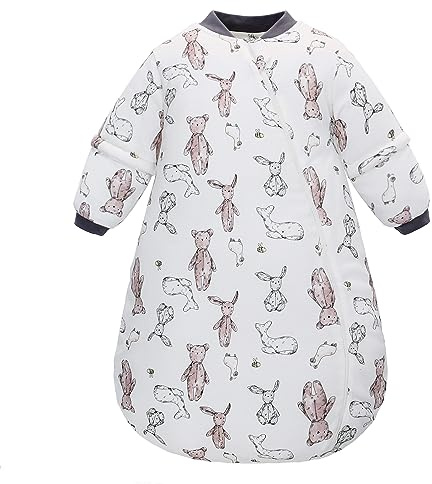 LAT Baby Sleeping Bag 2.5 TOG,Baby Winter Long Sleeve Sleep Sack,100% Cotton Detachable Sleeve,Toddlers Sleeping Bag for Girl Boys(Bear+Dark Grey,S)