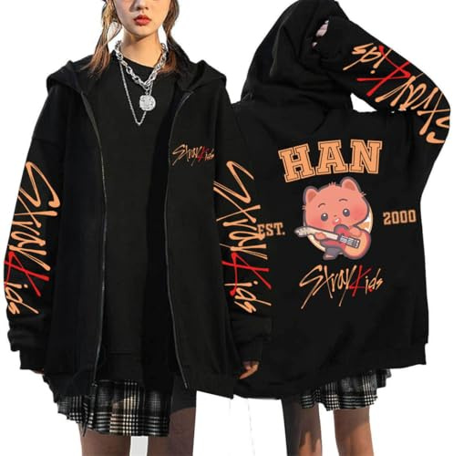 BaeKnyin Uomini Donne Stray-K1ds Felpe con Cerniera Casual Sciolto Sweatshirts con Cappuccio Elegante SKZ KPOP Streetwear Oversize Pullover con Stampa retrò L,Black1-1