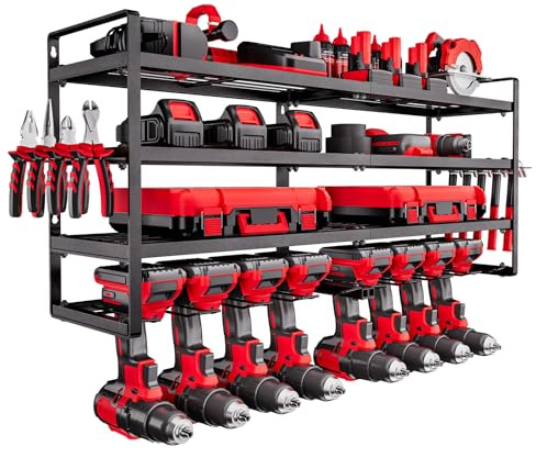 VEVOR Power Tool Organizer Wall Mount, 4-Layer Storage Rack with 8 Drill Holders, Tools Holder and Storage Rack with Screwdriver Holder, Garage Tool Organizer for Garage, Workbench, and Workshop