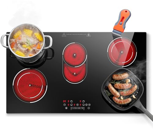 SNDOAS Piano Cottura in Vetroceramica 5 Fuochi 8400W, Piano Cottura 90cm con Zona Ovale e Doppia Corona, Comandi Touch, Timer, Indicatore Calore Residuo, Blocco Sicurezza per Tutte le Pentole