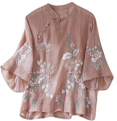 Generico Camicia Donna e Lino Ricamo Loose Sottile Manica Corta Copricarne Letterario Retro Stile Etnico Top T Shirt Elegante Blusa per Donne Blusa Donna Estiva Elegante