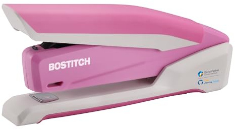 Bostitch Office InPower Spring-Powered Desktop Stapler, 20 Sheet Capacity, One Finger Stapling, Includes 210 Staples, Jam Free, Opens for Tacking, Breast Cancer Awareness Pink