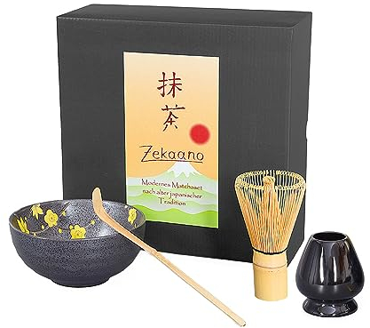 Aricola® Matcha Starter Set 4-teilig, anthrazit/gelb gesprenkelt, bestehend aus Matcha-Schale, Matcha-Löffel, Matcha-Besen (Bambus) und Besenhalter in eleganter Geschenkbox.