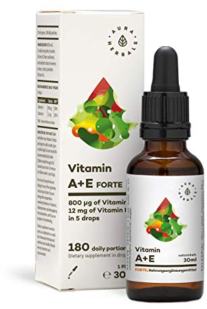 AURA HERBALS® Vitamin A + E Forte 900 Tropfen - Flüssig 30ml - Natürliche Vitamin E - Vegan - Einfache Komposition - Ohne Zusatzstoffe - Hochdosiert - Hohe Bioverfügbarkeit - In Olivenöl