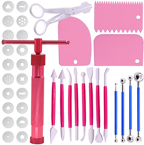 Swpeet 36Pcs Blå lera extruder pistol Fondant sockerpasta extruder lera tårta skulpturpistol, boll stylus prickning verktyg med plastskrapa, tårta dekorera leveranser modelleringsverktyg (Röd Rosa)