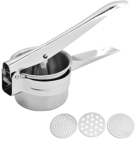 PPEA Große Kartoffelpresse aus Edelstahl, 3 austauschbare Scheiben für feine, mittlere und grobe, robuste Kartoffelstampfer und Ricer Küchenwerkzeug, drücken und brei für perfekte Kartoffelpüree