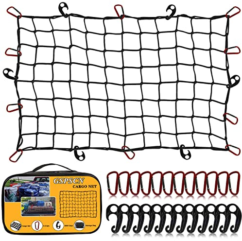 GSPSCN Filet Voiture et Remorque 1,2x0,9 m, Filet de Rangement pour Galerie de Toit, Filet Bagage Voiture Très Élastique, avec 12 Mousquetons,12 Crochets,pour Coffre de Voiture pour SUV, RV, Camion
