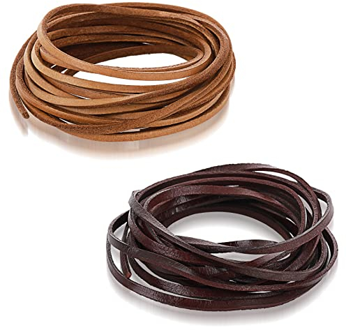Abeillo -540544_1 2 rollos de cordón plano de cuero genuino de 3 mm, tiras naturales, cuerdas de joyería para pulseras trenzadas de encaje, collares, bolsas de cuchillos (0.11 x 0.07 118 pulgadas