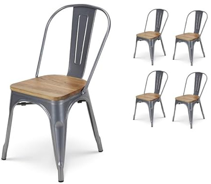Kosmi - Set di 4 sedie in Metallo Grigio Argento con Seduta in Legno Chiaro - Stile Industriale