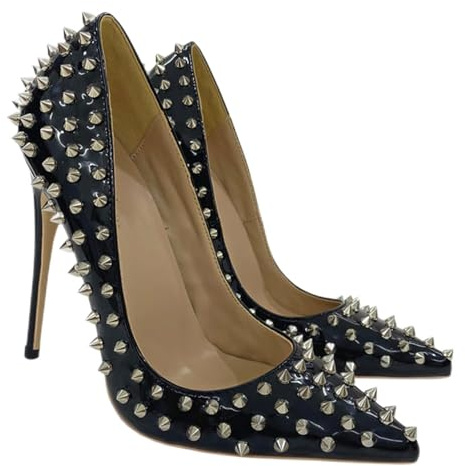 Escarpins à Talons cloutés pour Femmes Rivets en métal de Mode fermés Bout Pointu Talons Hauts sans Lacet Mariage Bal Bureau église Chaussures habillées,Noir,43