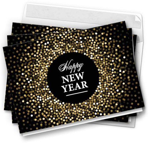 10 Neujahrskarten Grußkarten 2025 Neujahr Silvester - Klappkarten mit Umschlägen - Neujahrsgrüße HAPPY NEW YEAR Konfetti Look