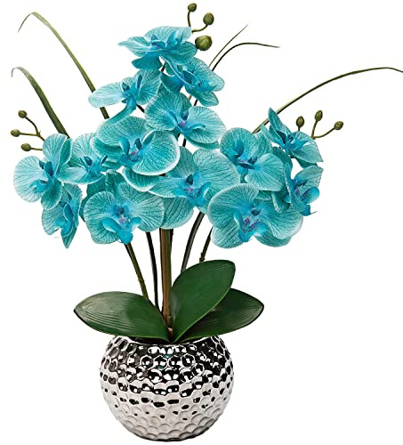 Briful Planta artificial de orquídea artificial Phalaenopsis de 49 cm de altura, anclada firmemente en maceta de cerámica (azul claro)