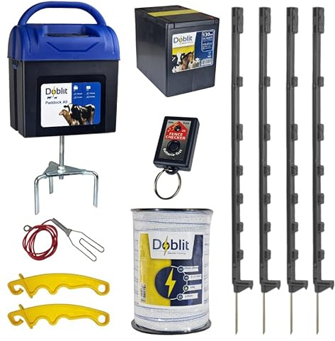 Doblit A9 Starter Kit 200m Electric Fence | Doblit A9 Paddock 0.25J Energiser w/ 9v 130Ah Battery, 20x 105cm Plastic Posts, 200m White Poly Tape Rolls & Accessories | Complete Kit