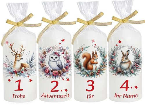 Candela dell'Avvento personalizzata con nome e scritta come decorazione da tavolo, decorazione da tavolo, candela dell'Avvento, regalo amorevole, 4 animali, corona coniglio, gufo, durata 10 ore,