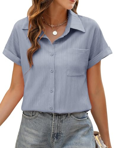 PASUDA Blusas Mujer Verano Camisas Manga Corta Blusa Elegante Camisa Cuello en V Túnica Tops Casual Camisetas Sueltas Blusas con Botones Color Sólido Shirts (Azul, XL)