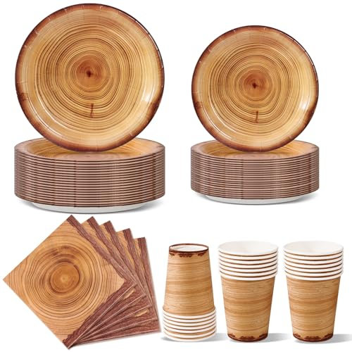 Nkaiso 96 Piezas Color de vetas de madera Vajilla Fiesta Cumpleaños, Platos y Vaso Cumpleaños Infantil, Set de Party Decoración Platos Desechable Servilletas para Navidad, Barbacoas -24 Invitado