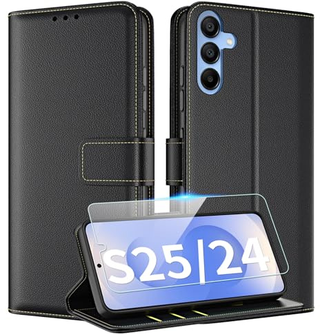 TQIAHF Coque pour Samsung Galaxy S25 5G / S24 5G Etui avec Verre Trempé Porte Carte à Rabat Clapet Portefeuille en Cuir Pochette Antichoc Flip Case Étui Cover Housse Protection,Noir