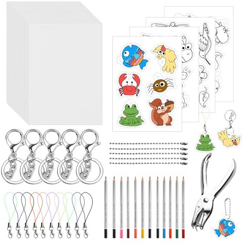 57 Stück Schrumpffolie Set, 24 Blätter Schrumpffolie zum Basteln mit Buntstifte, Schlüsselanhänger, Bleistifte, Kugelketten, Locher und Schlüsselring, Shrink Plastic für Kinder DIY Handwerk Deko