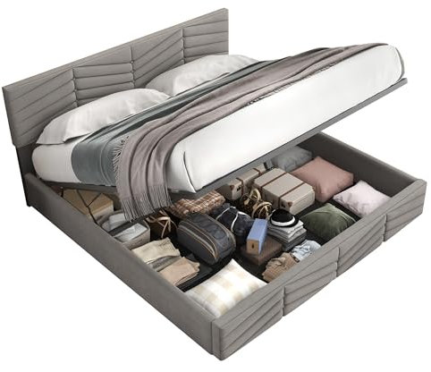 Zenithpath Bett 140x200cm, Polsterbett aus Velvet Kopfteil Höhenverstellbar Hydraulisch Bett mit Stauraum, Doppelbett Bettgestell ohne Matratze