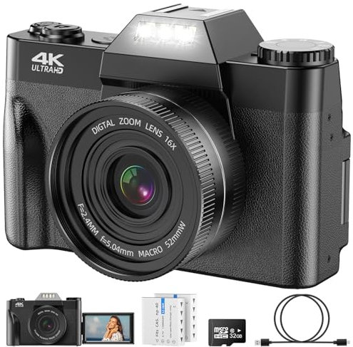 Digitalkamera 4K 56MP Fotokamera mit 180° Flip 3.0 Bildschirm Autofokus Kompaktkamera mit 32G SD Karte& Zwei 1500mAh Batterien für Kinder Ältere Anfänger (Schwarz)