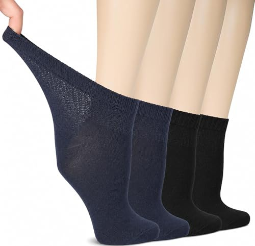 HUGH UGOLI Chaussettes Cheville Femme Diabétiques, 4 Paires, Chaussettes en Bambou Douces et Fines, Larges & Amples pour Chevilles Gonflées, Bord Non Serré & Pointe Sans Couture, Pointure: 36–39/40–43