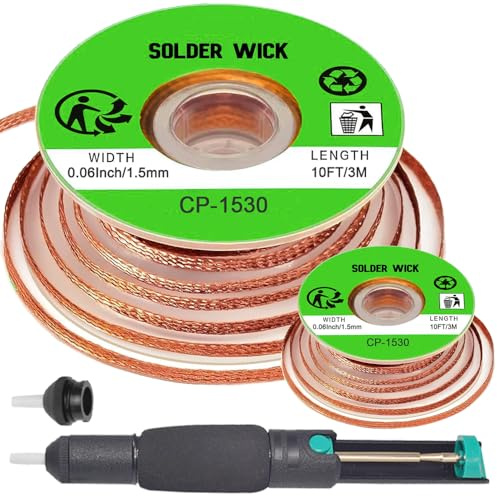 Xiatiaosann Lödvekfläta med flussmedel och avlödningssugare, 1,5 mm bredd avlödningstveke med flöde icke-rengöring lödnings vekborttagningsverktyg, lödsugare (2-pack, 3 m/10 fot)