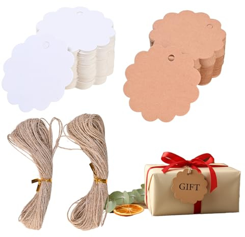 Rieoany Set di 200 Etichette Regalo In Carta Kraft, Etichette Rotonde Bianche Con Spago, Bigliettini Bomboniere, Perfette Per Feste E Progetti Fai Da Te